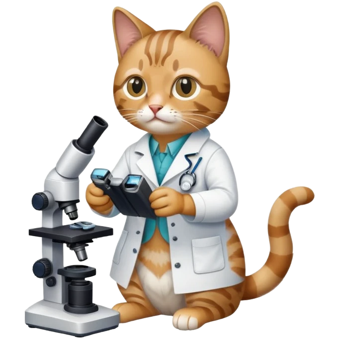 cat full body sitting with a microscope and scientist outfit emoji