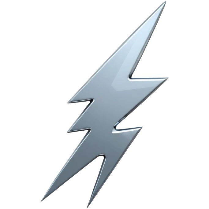 A lightning bolt emoji made of polished silver chrome, sharp yet rounded edges, glossy metallic surface, soft reflections, minimal futuristic design, iOS emoji style, centered, clean white background emoji