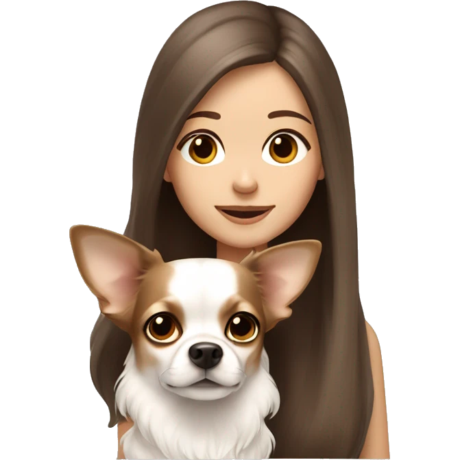 medium brown hair girl with white long haired Chihuahua (with light brown ears) emoji