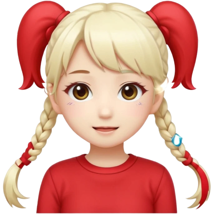 Cute kawaii emoji-style Japanese K-pop girl, long platinum blonde hair in twin tails, red outfit, Japanese K-pop idol vibes, big sparkling eyes, chibi proportions, clean lineart, pastel colors, cheerful idol smile, sticker/emoji style, transparent background emoji