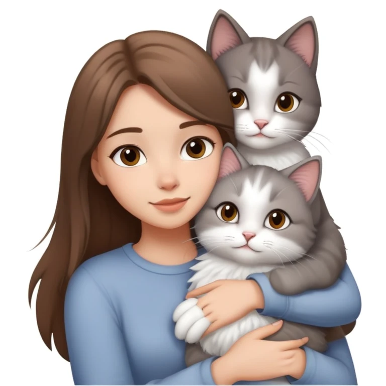 Pretty girl with light skin,straight and brown hair hugging a gray and white fluffy cat emoji  emoji