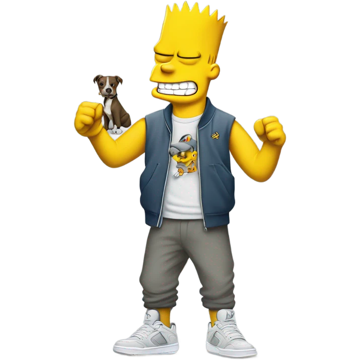 Bart Simpson wearing a gray Nike set with Jordan 4 and a pit bull sitting on the left of him emoji