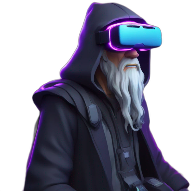 Gandalf wearing a black hoodie with "OMG" letters on it and VR headset in a cyberpunk VR environment with violet neon lighting. emoji