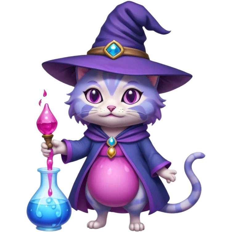 Purple witch cat full body with pink potion and blue potion bubbling  emoji