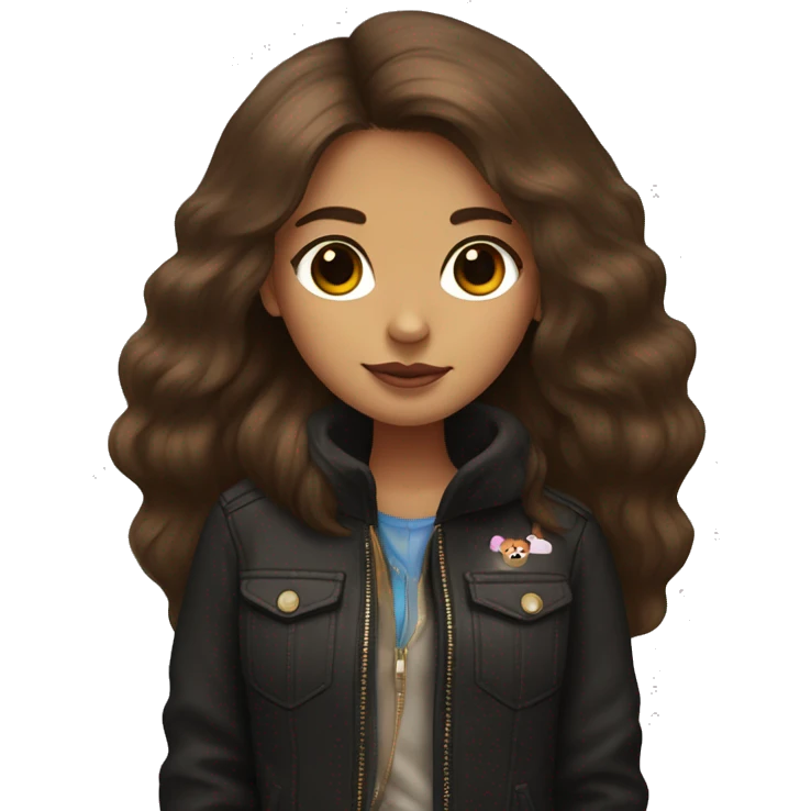 girl with long brown hair holding, in rad jacket and black Pomeranian spitz emoji