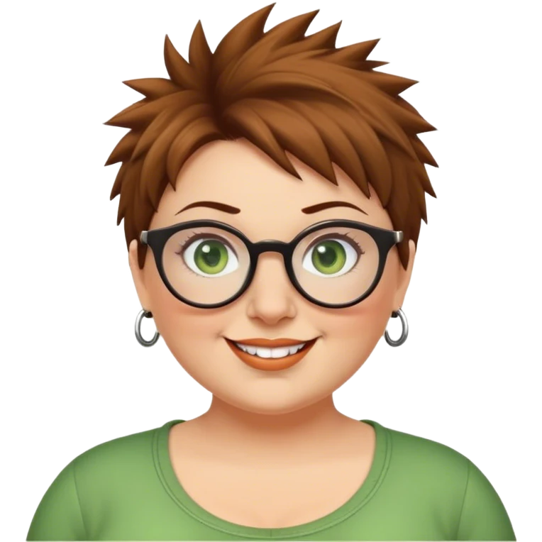  plus size white women round nose with short  brown shaggy spiked hair wearing glasses green eyes happy emoji