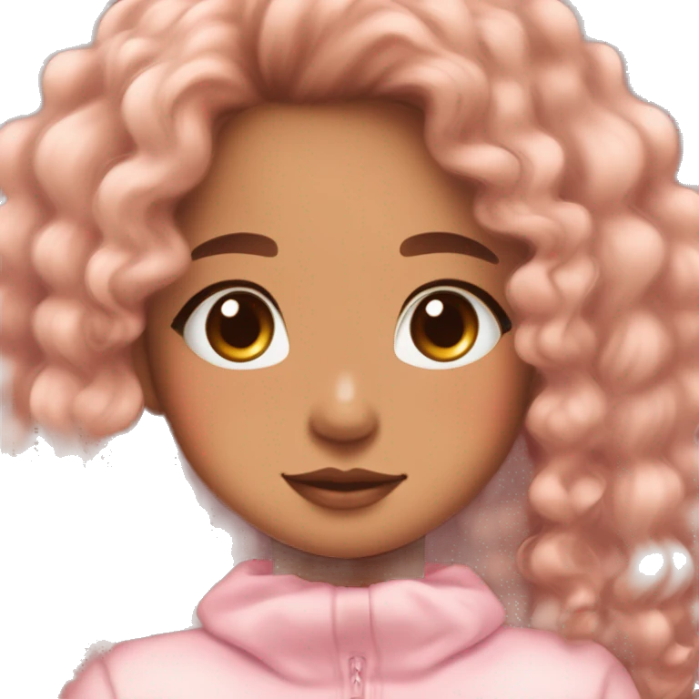 TAN SKIN GIRL WITH LONG BROWN CURLY HAIR AND A CORGI pink kawaii shiny blushing cute kawaii pastel anime trending style pink pastelcore emoji