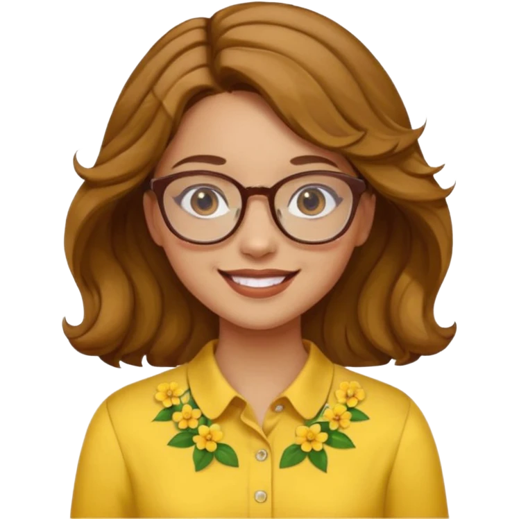girl with a yellow blouse with flowers, with hair in waves with glasses smiling emoji