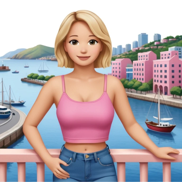 jennifer lawrence, pink crop top, and blue jeans, leaning on a balcony with a harbor and cityscape in the background, smiling emoji