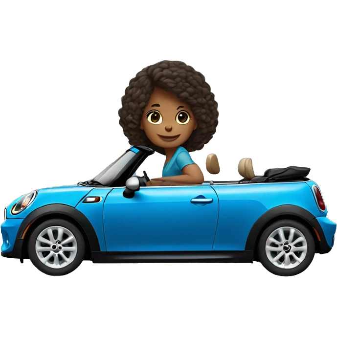 a girl drives a blue convertible mini cooper emoji