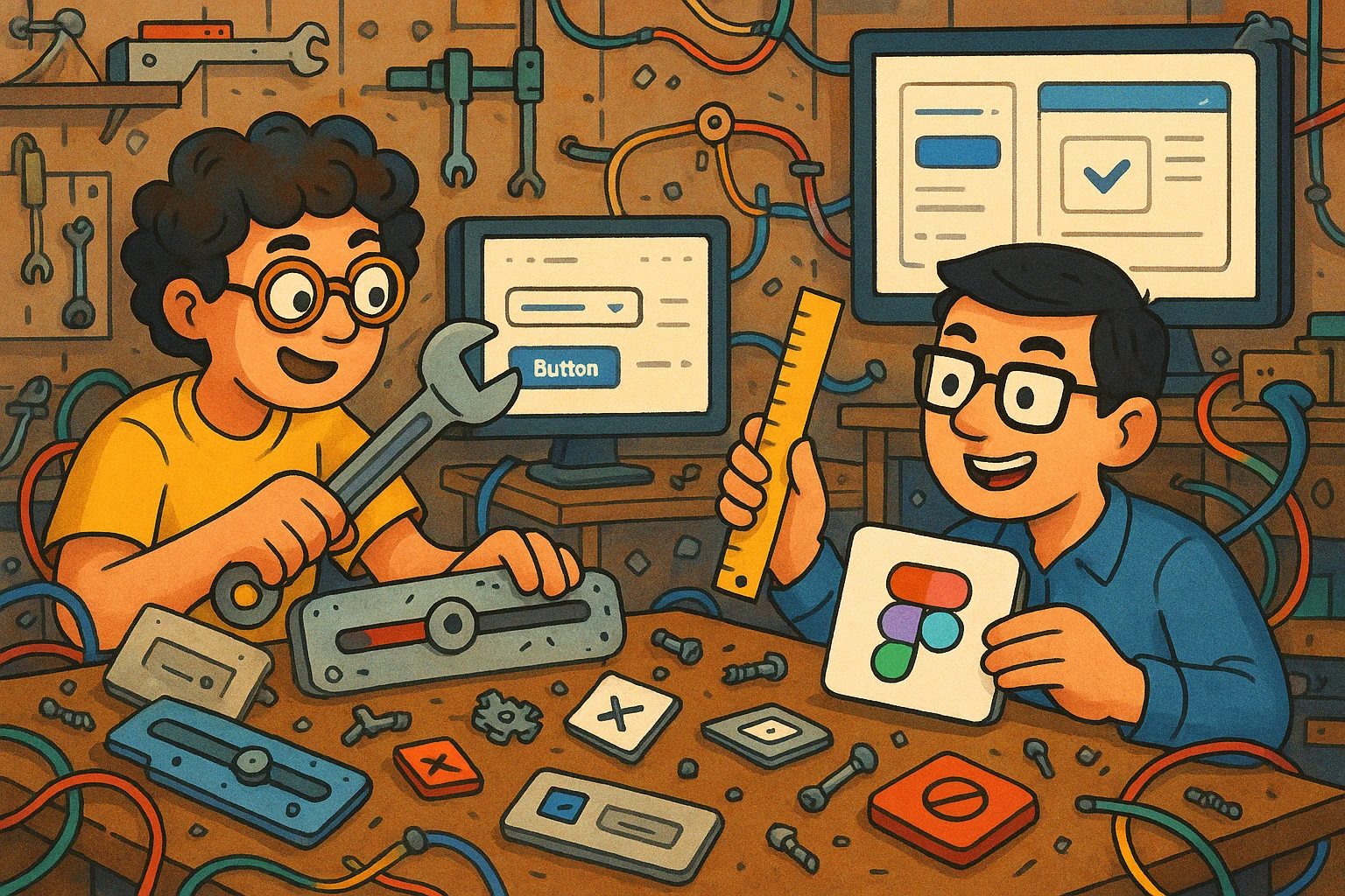 In a clever, chaotic repair lab, two designers (curly hair and short dark hair) are fixing old, messy UI components using a wrench, ruler, and Figma interface elements. The atmosphere is playful and inventive as they transform legacy UI into something modern and beautiful. emoji