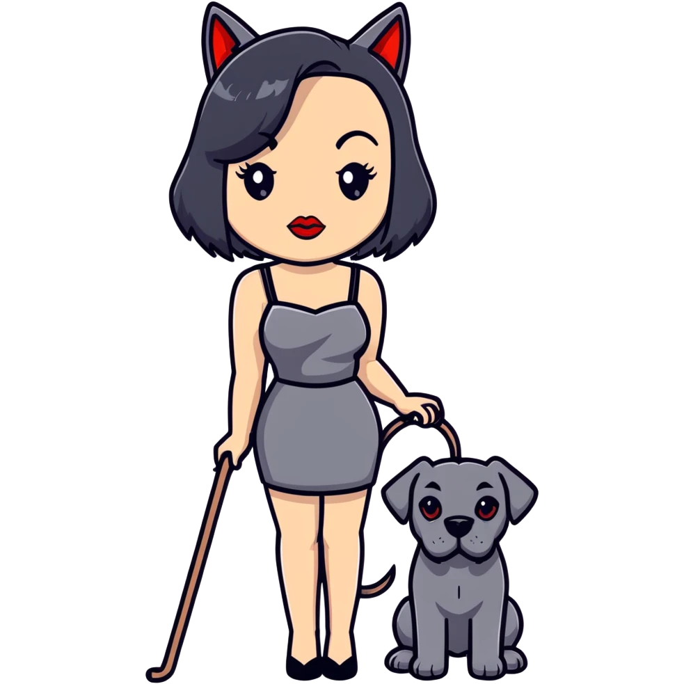 Fashionable woman in sling dress with long black hair, big red lips, and Cane Corso dog ears and short tail emoji