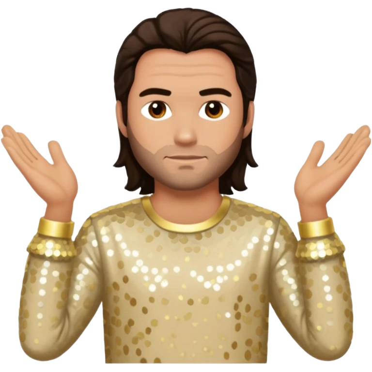 Chris Pontius from Jackass with long dark brown hair, cream sequin outfit emoji