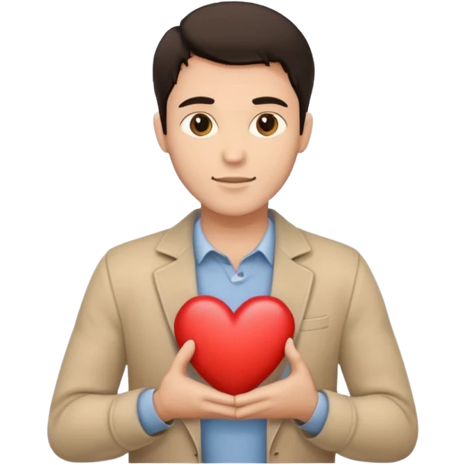 A white handsome man with dark hair and beige clothes with beige heart in his hands emoji