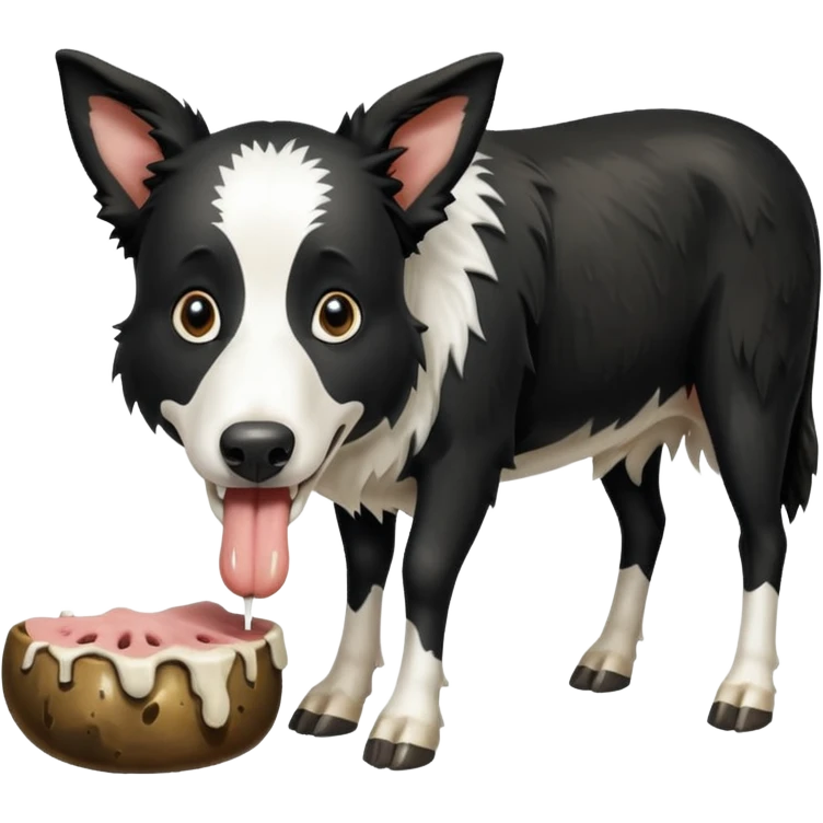 A black and white border collie is chewing on a rotten, smelly cow's hoof. emoji