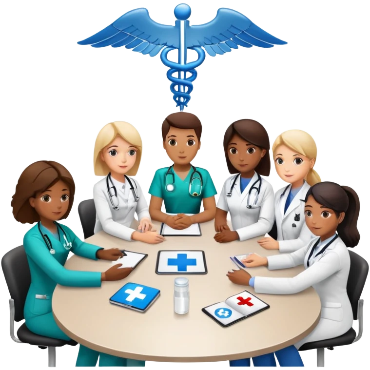 Group of medical professionals sitting around a table in a meeting, with emergency medical symbols emoji