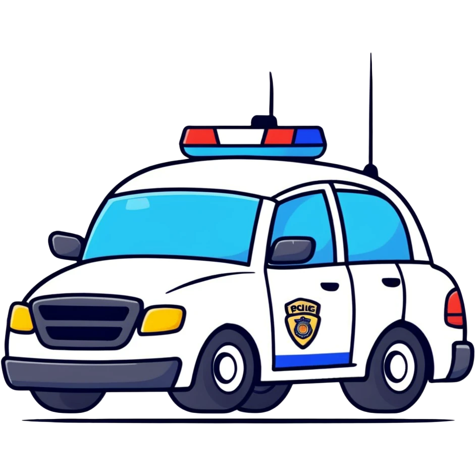 A cartoon police car character with a cute face, flashing lights and a small badge emoji