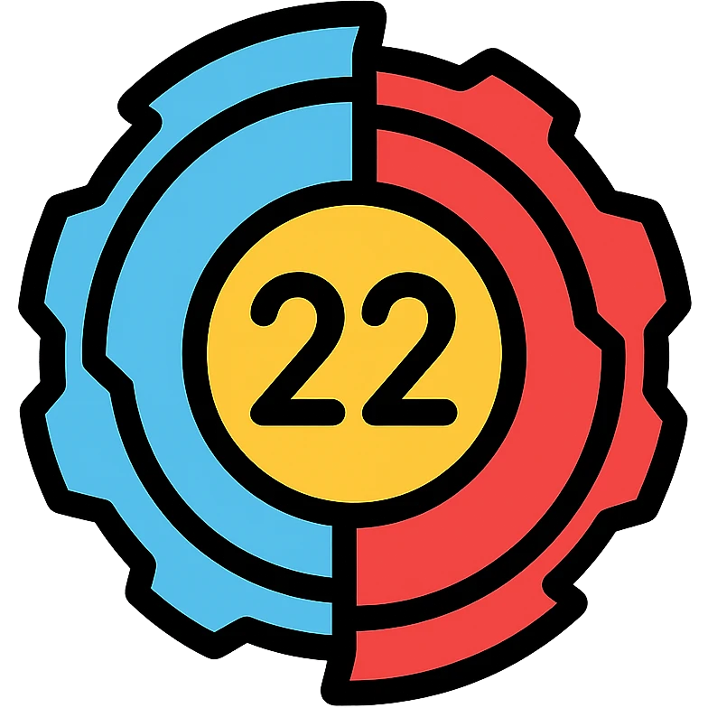 beyblade half sky blue and half red with the number 22, icon with black outline and colorful details emoji