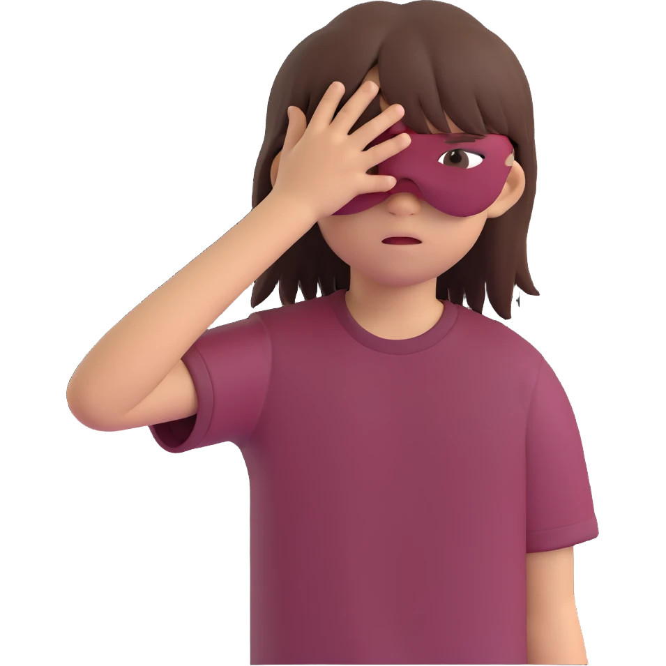 A boy with bangs covering his eyes, long hair sticking out at the back, and long side locks. He has brown eyes and dark brown hair, and is wearing a maroon t-shirt. emoji