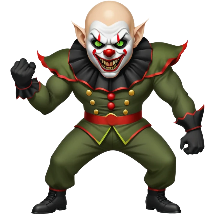 evil clown, bald, short black devil horns on forehead, fangs, pointed ears, black and military green leisure suit, realistically proportioned, bulky and muscular, full body, battle-ready, fighting posture emoji