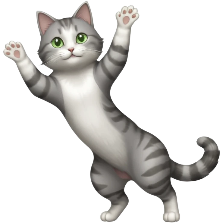 grey and white cat with green eyes doing a big extremely long stretch reaching up into the air with arms and legs side by side together emoji