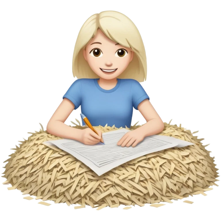 emoji where some is writing story and sitting near pile of shredded paper emoji