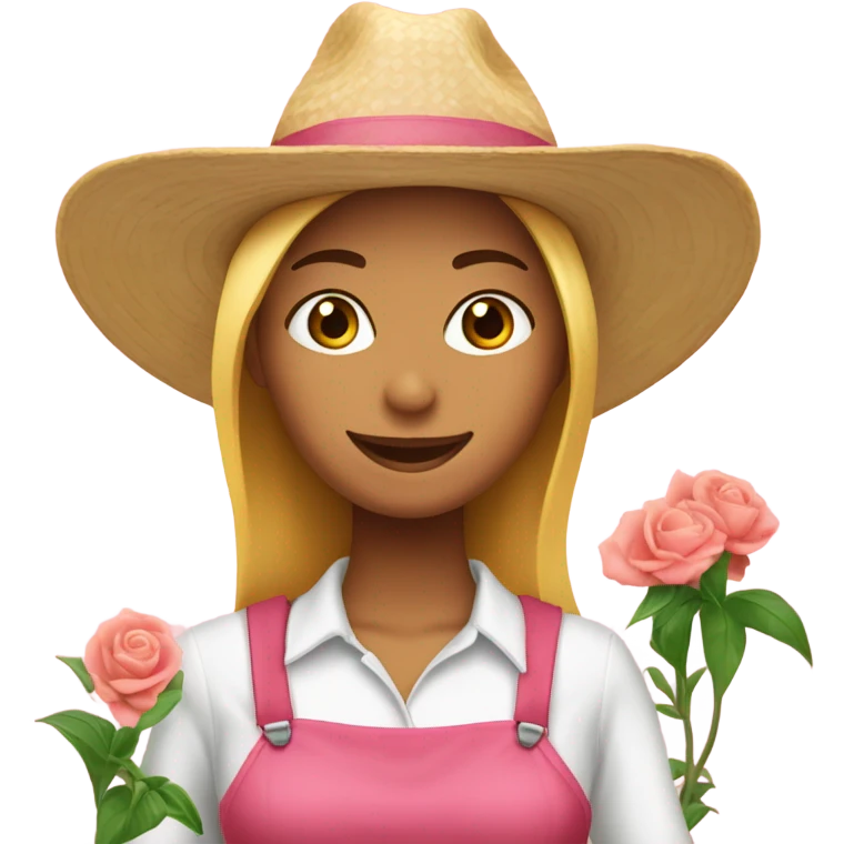 Una chica con un overol rosa y un sombrero de jardinera blanco emoji