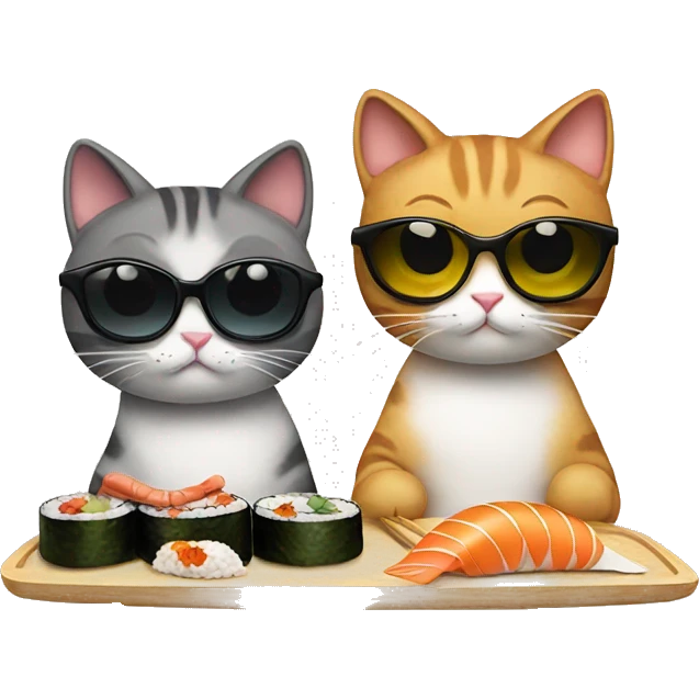 two cats wearing sunglasses eating sushi emoji