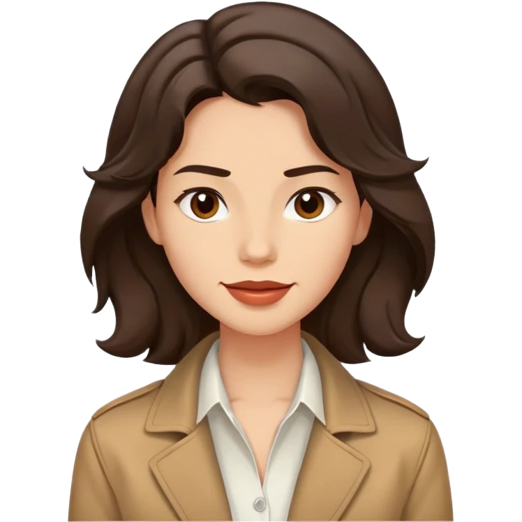 The person has a medium complexion, wavy  dark hair coming on his forehead, well-defined facial features with a strong jawline, full lips, and happy expression. They are wearing a white shirt layered with a brown jacket emoji