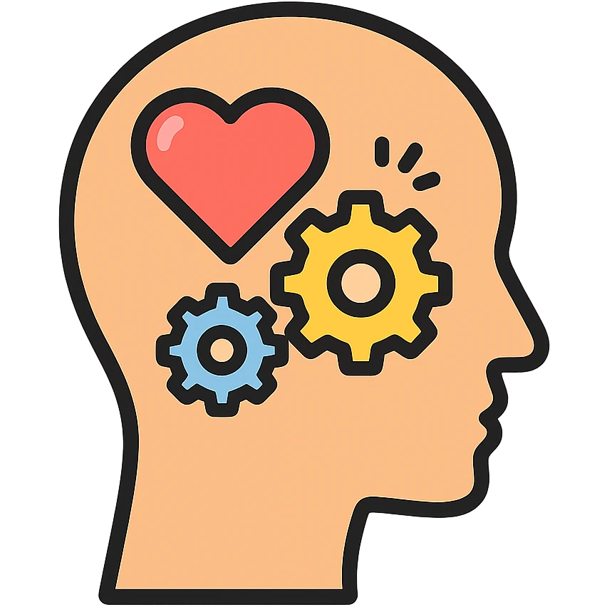 Vector illustration of a human head icon in profile view, with a heart or gears inside the head symbolizing emotional intelligence or cognitive processing. Clean and sharp lines, with subtle realistic shadows and glossy highlights for depth. Flat yet modern vector style. Transparent background emoji