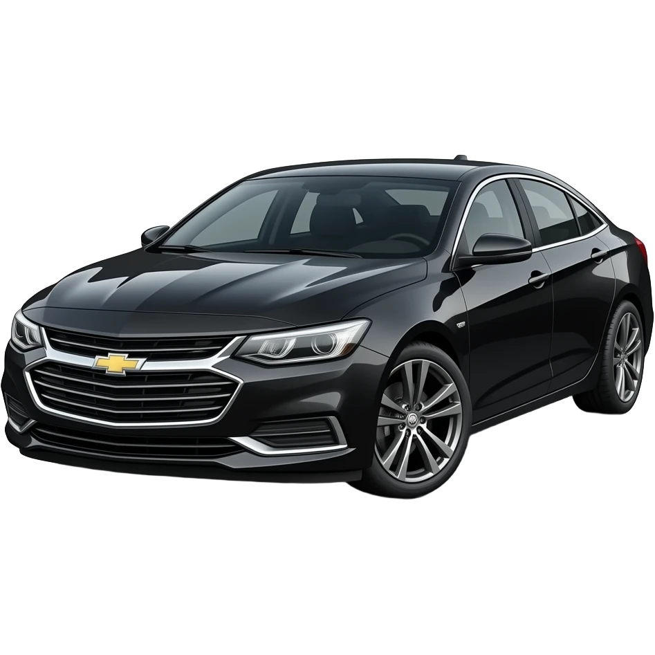 A realistic, high-detail photograph of a glossy black Chevrolet Malibu 2 Turbo Premier sedan with tinted windows, on the front car headlights and black alloy rims. emoji