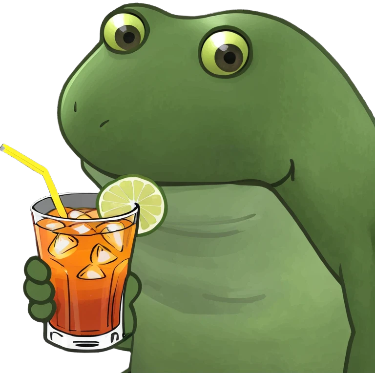 bufo frog sitting on a beach, drinking a mai tai, vacation scene emoji