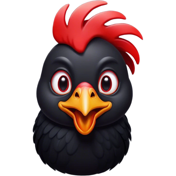 Cinematic Comical Black Chicken Portrait Emoji, Head tilted dramatically with an exaggeratedly amused expression, featuring a sleek, glossy black plumage with a bold red comb, wide, expressive beady eyes filled with playful disbelief, Simplified yet hilariously expressive features, highly detailed, glowing with a slightly sassy glow, high shine, dramatic yet playful, stylized with an air of cheeky mischief, bright and endearing, soft glowing outline, capturing the essence of a spirited and over-the-top chicken, so meme-worthy it feels like it could cluck its way into internet fame instantly! emoji