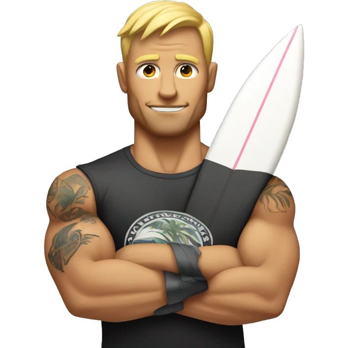 a muscular bicep with a tattoo of a surfboard emoji