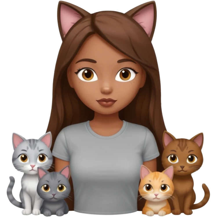 a pretty bratz dusky girl with long brown hair with six cats nd wearing a grey tshirt emoji