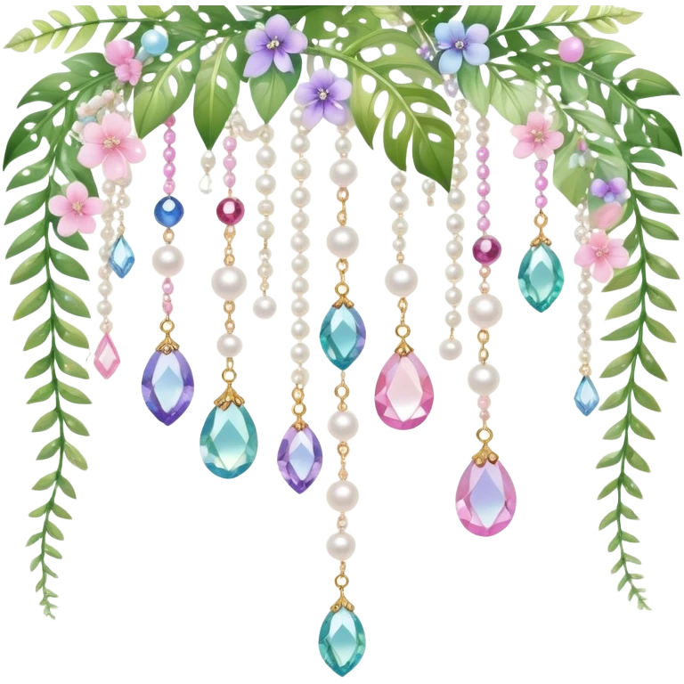Exotic romantic pretty pastel Few cute tiny Iridescent glistening glossy sparkly shiny glittery hanging crystals pearls and beads and gemstones scenery scenic decorations with vines and ferns and flowers emoji