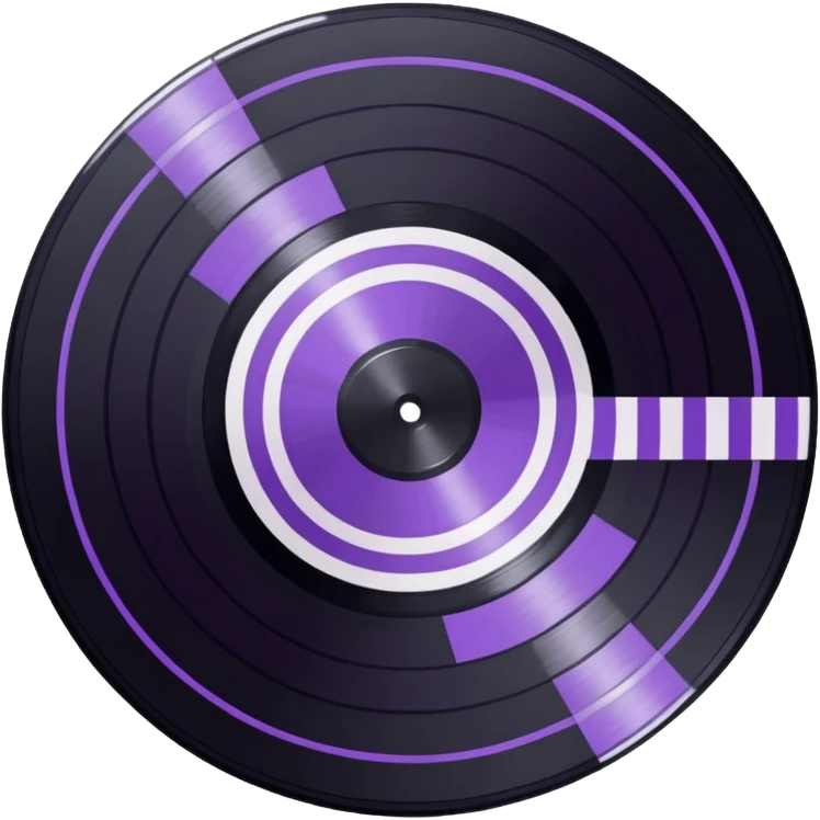 black pixel art vinyl record with a purple and white striped middle label, pixel art, as if you were looking at it from an angle emoji