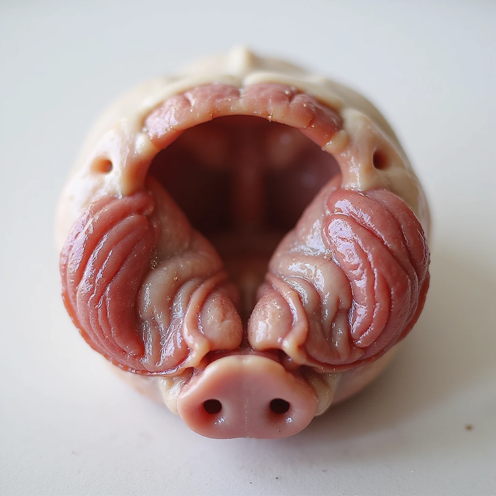 Pig thyroid gland, anatomical view, isolated on white background, hyperrealistic 4K, close-up of the lobes, clear anatomical details emoji