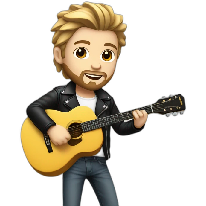 A young man with a fashionable hairstyle and beard, with white skin, dressed in a white shirt and a black leather jacket, plays the guitar emoji