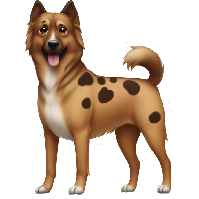 brown and dark brown Eurasian dog standing. His face and back is covered in dark brown spots emoji