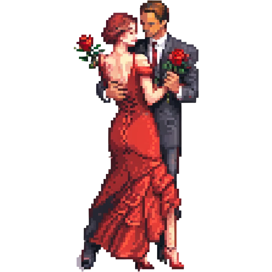 pixel art of a cute couple dancing Spanish tango, man in black suit with red rose, woman in red dress, dramatic tango pose, close embrace, vibrant and elegant, emoji size emoji