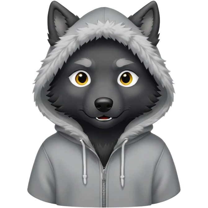 black wolf in a hoody that says “MAIR” emoji