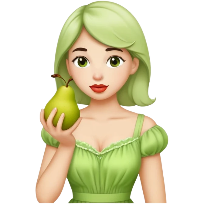 Dua Lips in a light green dress without a bra eating a pear emoji