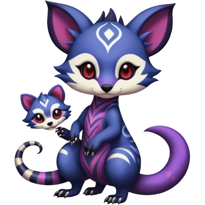 Rare warm-colored exotic gloomy tropical edgy cute epic aesthetic spooky indigo purple white black red gothic colorful Salandit-Furret-Espurr-Meowstic-Civet-species-Fakemon-hybrid-creature, with tribal tattoo markings, full body emoji