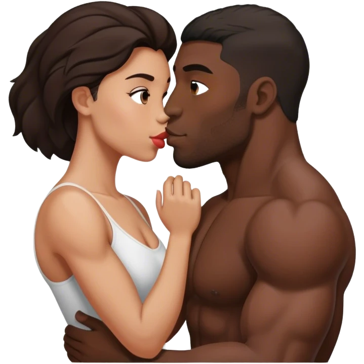 Black man with muscles kiss small brunette woman emoji