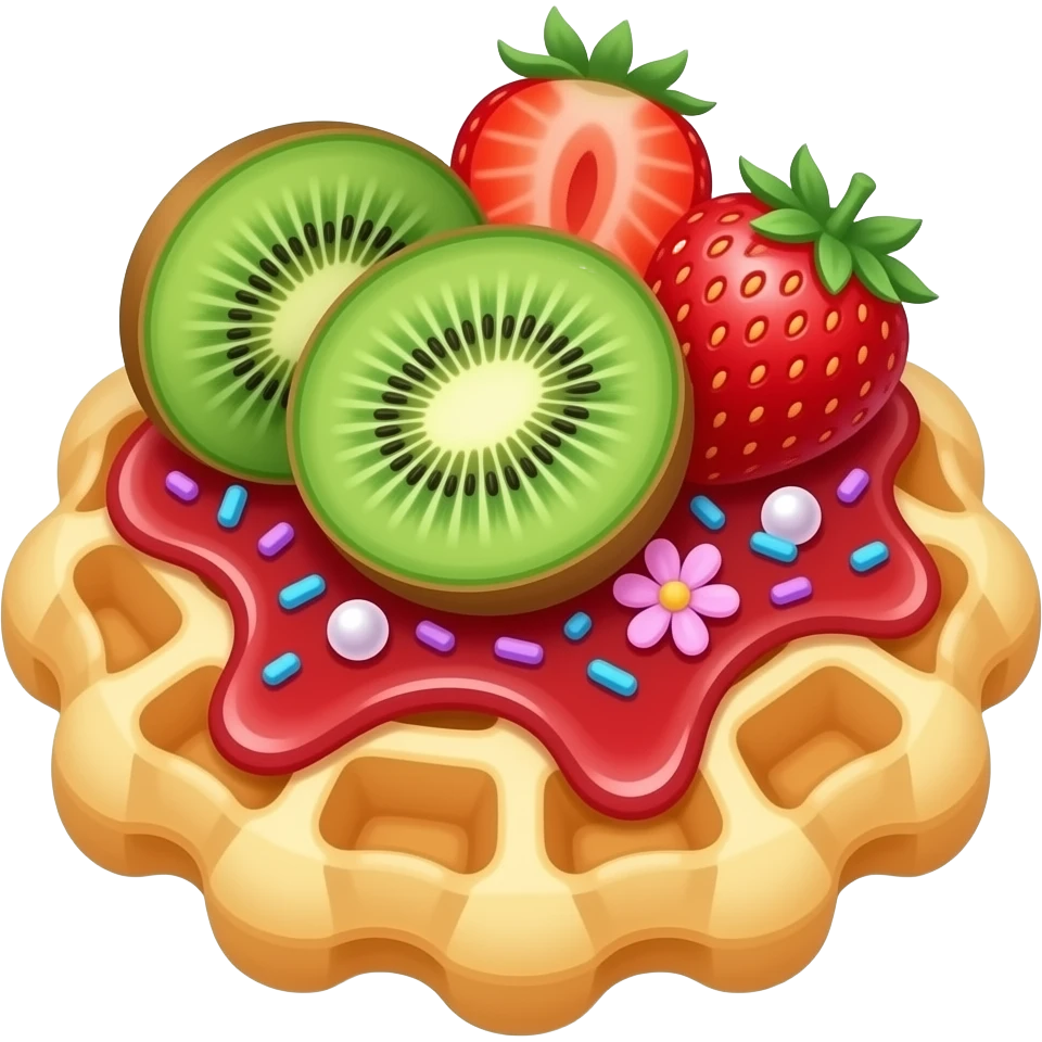 A kiwi purple and blue sprinkles on a waffle with strawberry puree and strawberry’s and sparkles and pearled with a cute little pink flower on it emoji