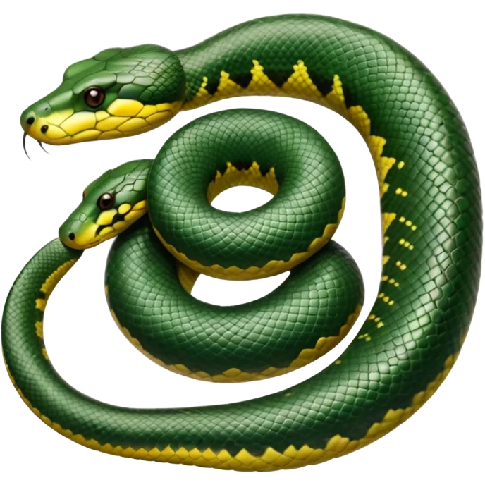 A photo-realistic top-down view of a Green Anaconda tightly coiled in a spiral, with its broad, flat head resting at the center. Its thick, muscular body is olive-green and covered in symmetrical, bold black oval spots that stand out against its smooth scales, creating striking natural camouflage. emoji