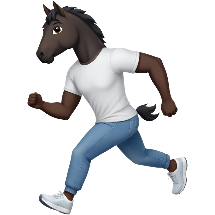 friendly anthropomorphised black stallion in jeans and a t-shirt, jogging upright in relaxed pose emoji
