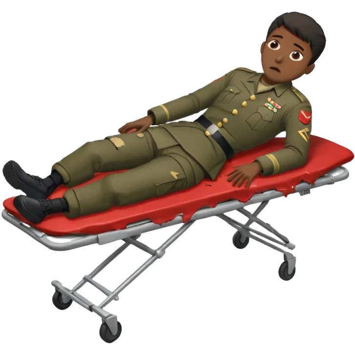 
a man of oriental appearance, dressed in torn clothes, full length, unconscious, in a prone position, with injuries on a black military stretcher, 1980 emoji