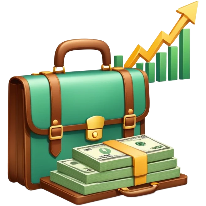 An icon showing a briefcase, a stack of money, and a graph with upward growth, representing business and entrepreneurship. The design highlights innovation, investment, and success in the world of startups and corporate ventures. Transparent background emphasizes the dynamic nature of business. emoji